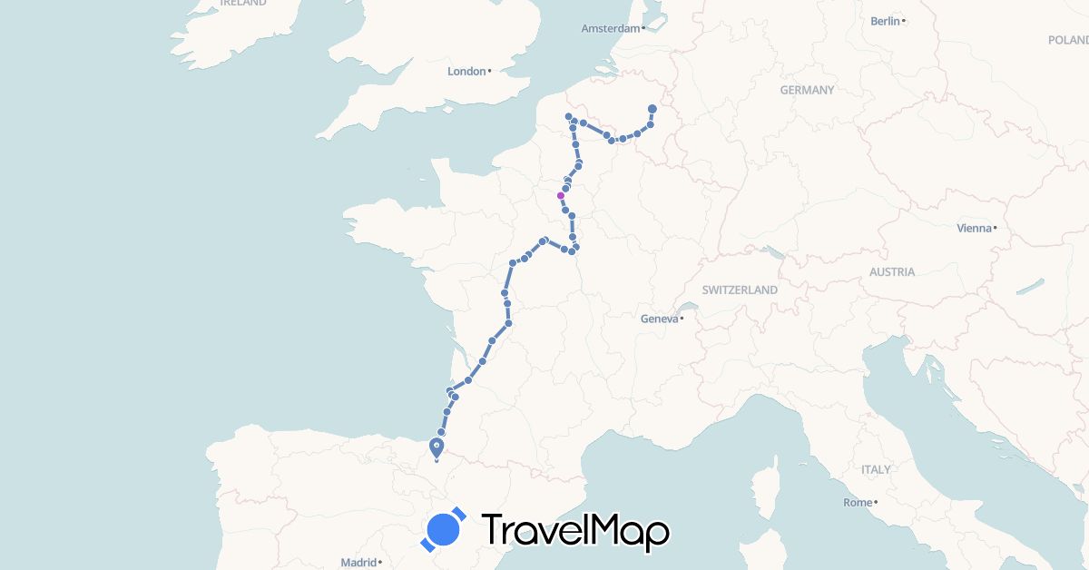 TravelMap itinerary: driving, cycling, train in Belgium, Spain, France (Europe)